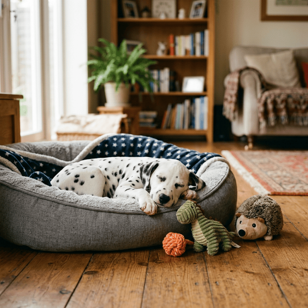 Sleeping Dalmatian puppy curled in a gray bed beside stuffed toys